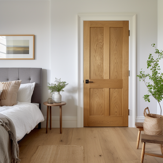 Beautiful customizable bespoke handcrafted oak interior 4 panel wood door. Pictured in a white and airy bedroom door