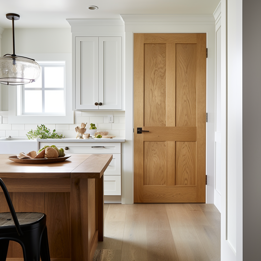 Beautiful customizable bespoke handcrafted oak interior 4 panel wood door. Pictured in a white and airy modern farmhouse countryside cottage kitchen door pantry closet.