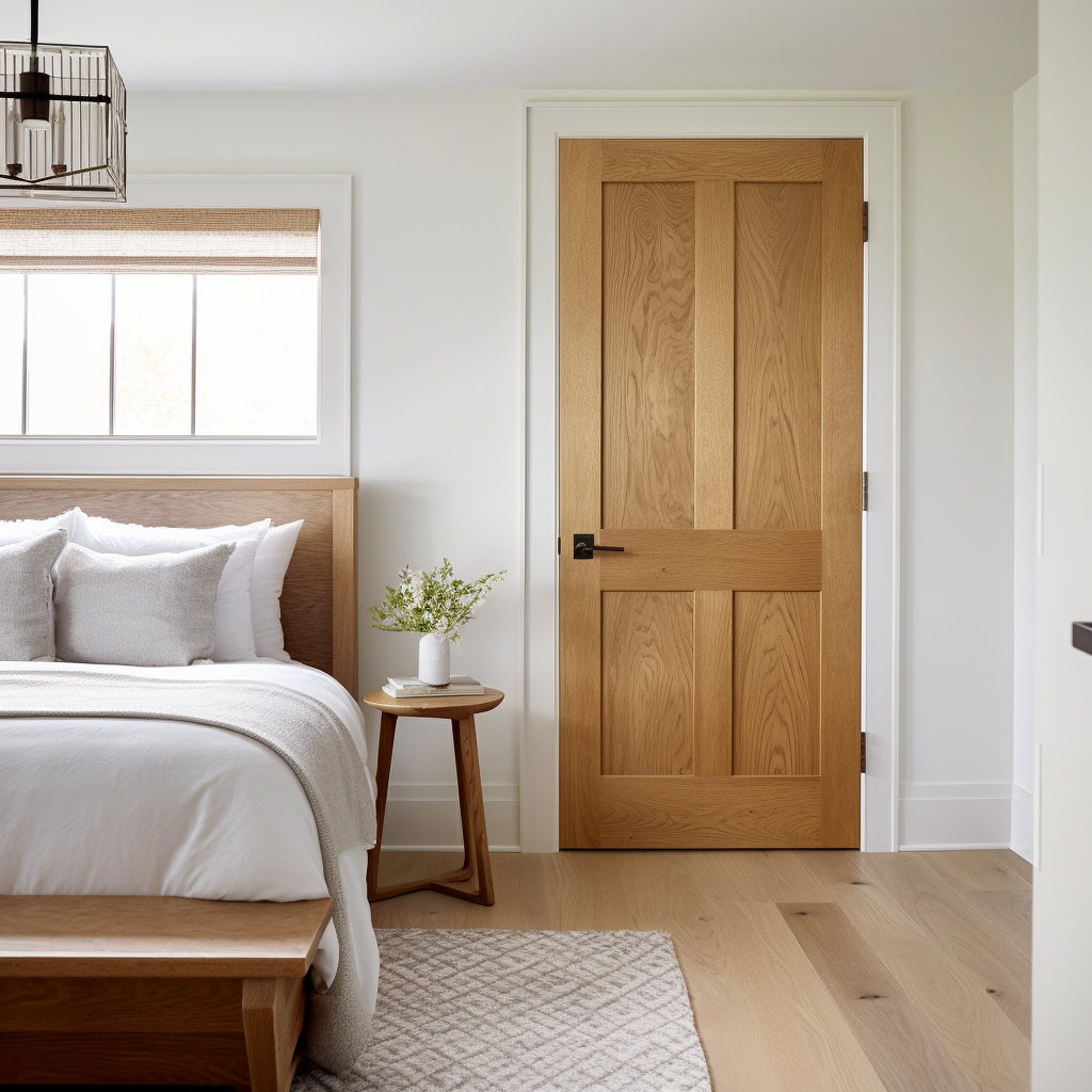 Beautiful customizable bespoke handcrafted oak interior 4 panel wood door. Pictured in a white and airy modern farmhouse countryside cottage bedroom door closet