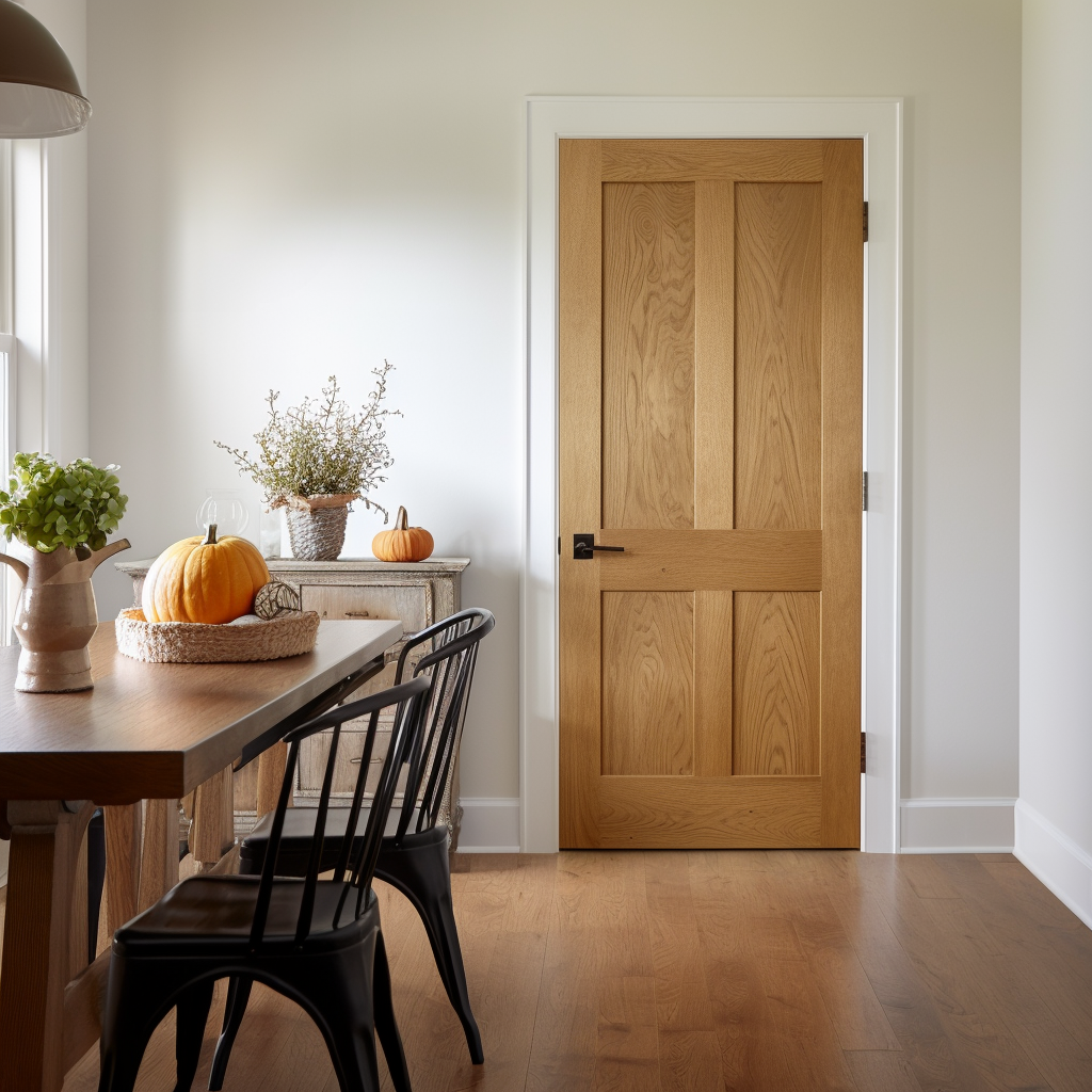 Beautiful customizable bespoke handcrafted oak interior 4 panel wood door. Pictured in a white and airy modern farmhouse countryside cottage kitchen door dining room closet pantry