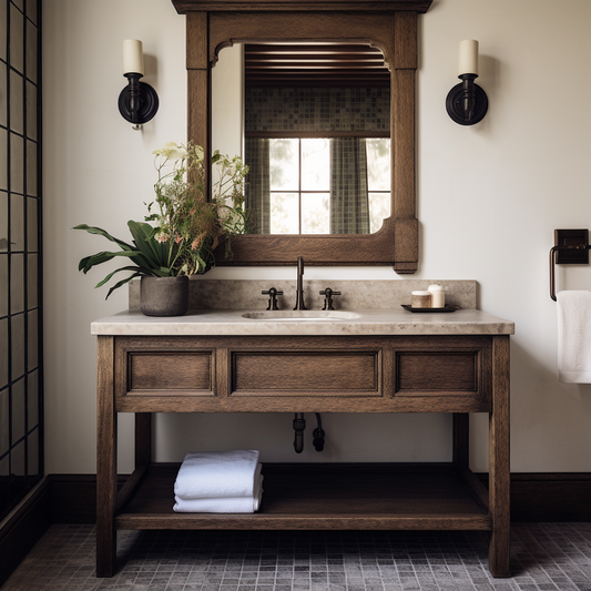 White oak dark stained custom bespoke handcrafted customizable bathroom single vanity in a moody warm bathroom with rich wood tones