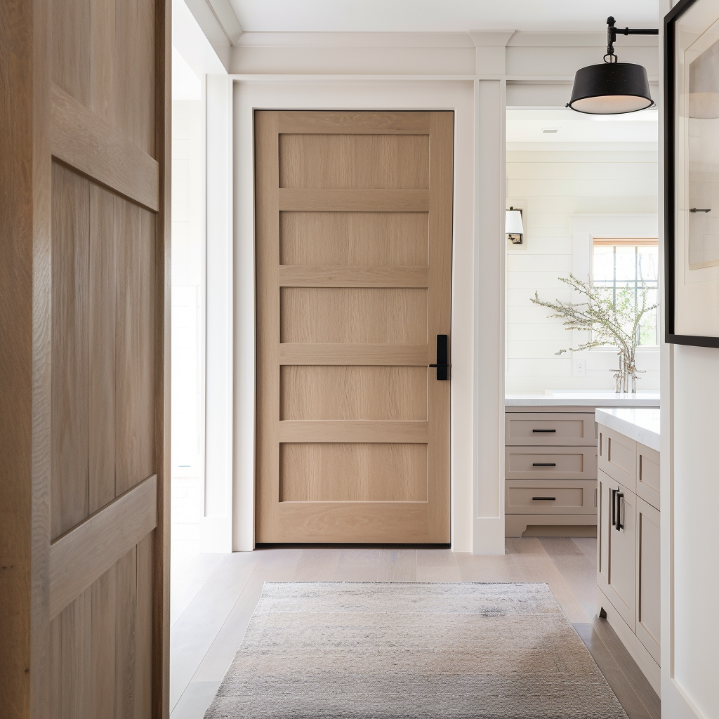 A handcrafted custom 5 panel white oak bespoke interior door. Pictured in a minimalist white modern farmhouse closet door