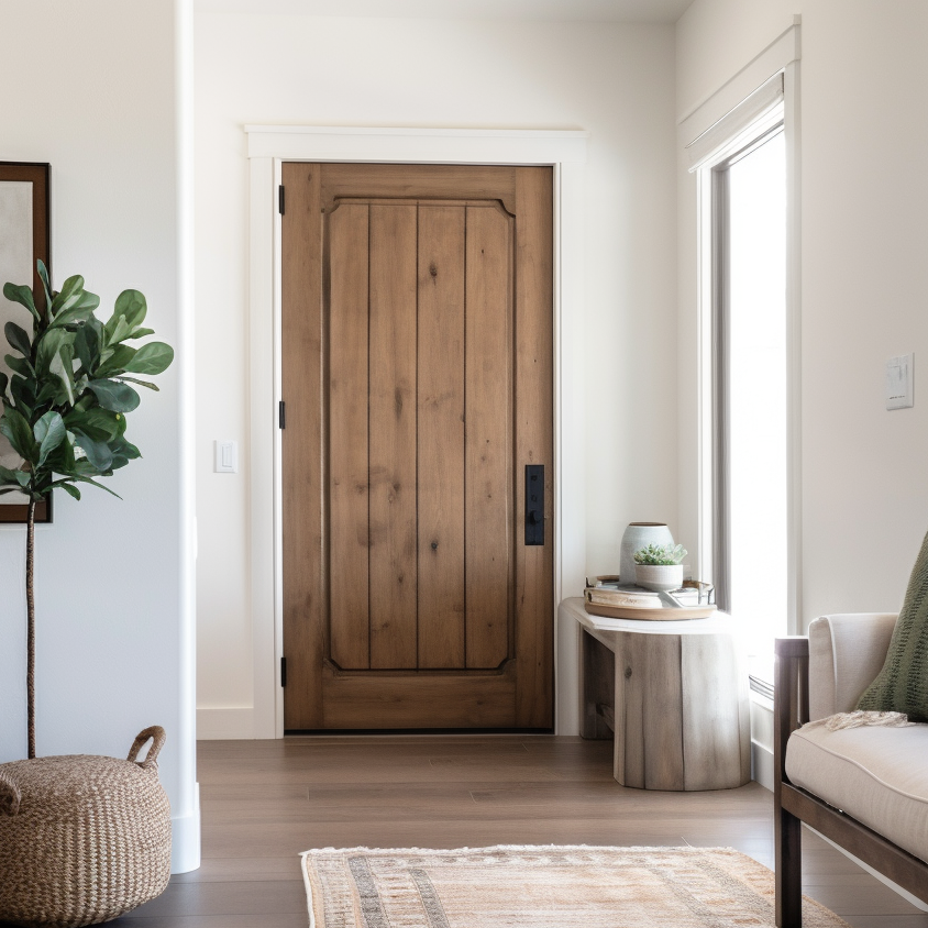 Unique, Bespoke, Handcrafted, Alder Hardwood customizable custom interior door. Cottagecore, cottagepunk, modern farmhouse style in a hallway interior closet door.