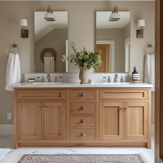 bespoke custom made to order fully customizable white oak solid wood double vanity marble floor bathroom