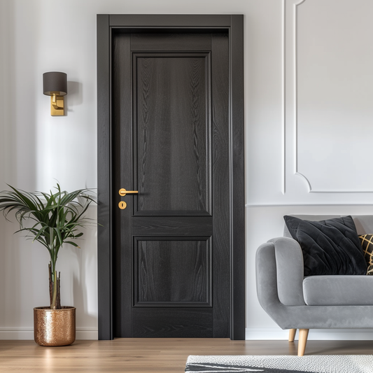 sleek, bespoke custom usa made dark stained black red oak interior door with satin brass handle in living room