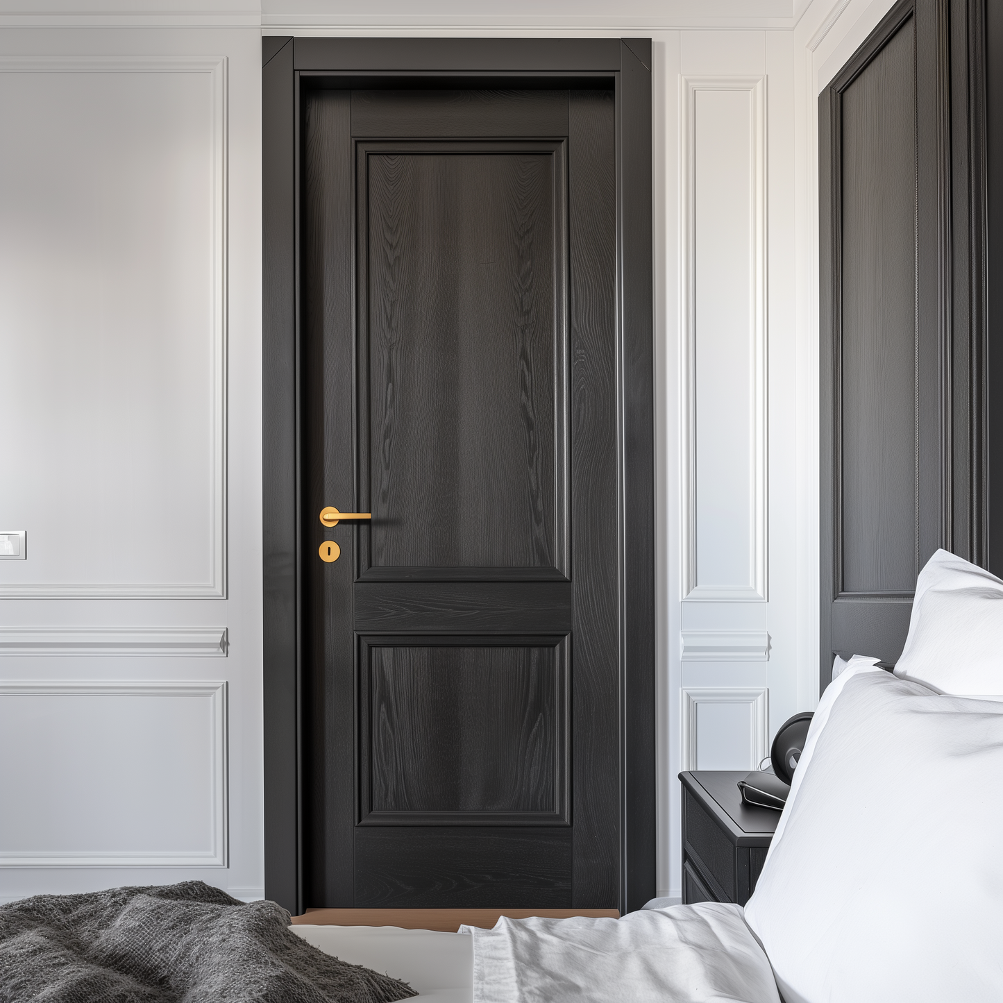 sleek, bespoke custom usa made dark stained black red oak interior door with satin brass handle in bedroom