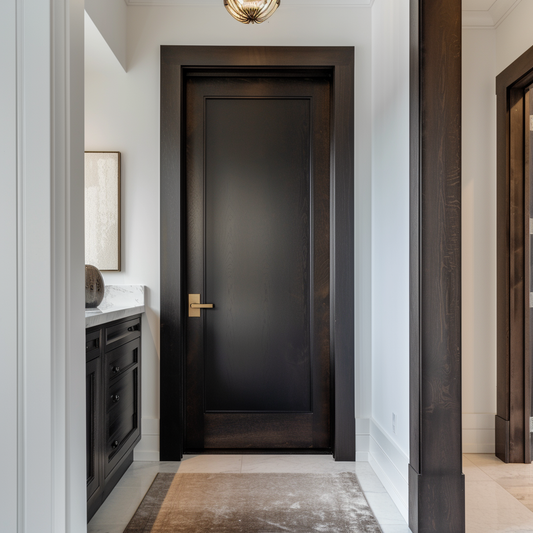 black stained solid hardwood red oak interior bespoke interior door, usa made, made in america, custom, in a beautiful modern bathroom