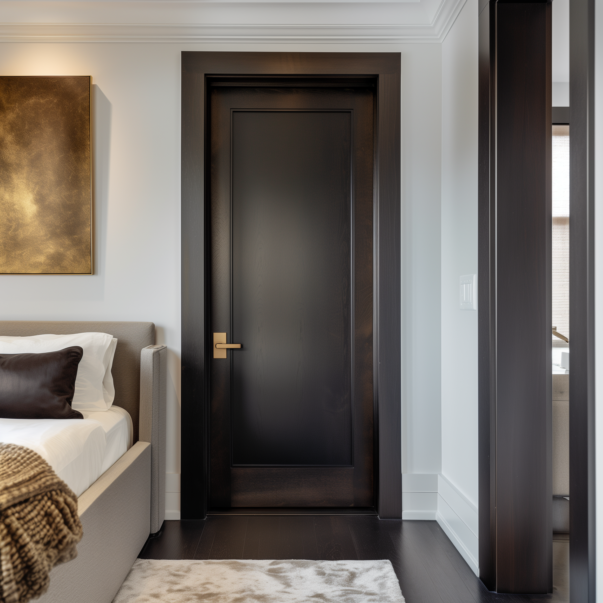 black stained solid hardwood red oak interior bespoke interior door, usa made, made in america, custom, in a beautiful modern bedroom