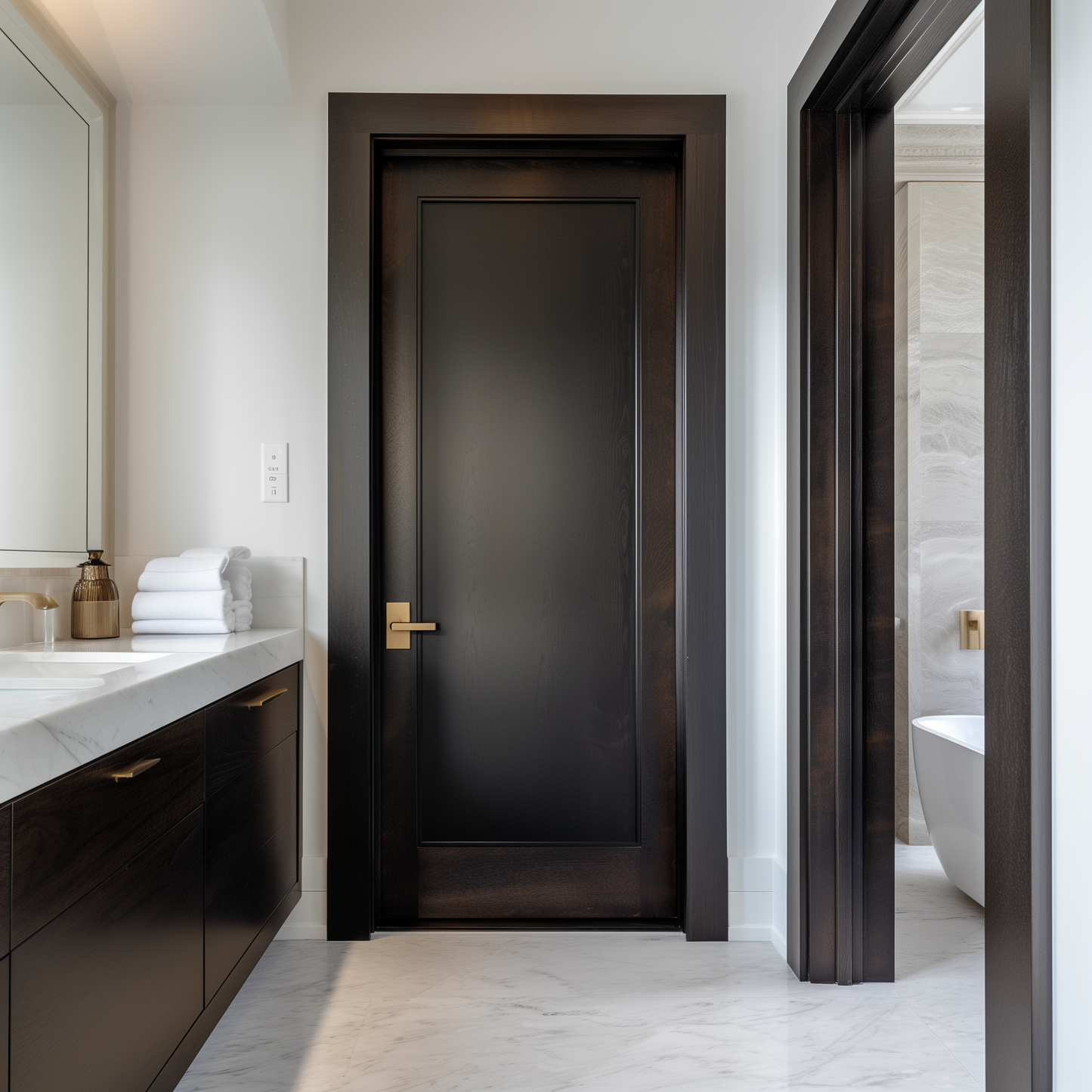 black stained solid hardwood red oak interior bespoke interior door, usa made, made in america, custom, in a beautiful modern bathroom