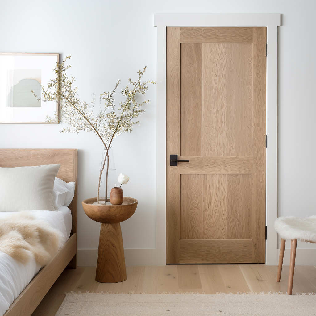 A two-panel interior real wood white oak bespoke handcrafted fully customizable custom door. Pictured in a white modern farmhouse bedroom door