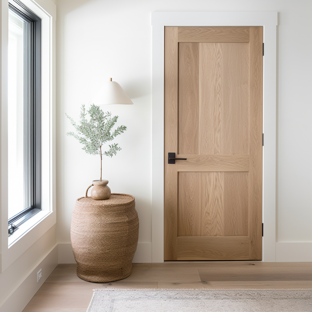 A two-panel interior real wood white oak bespoke handcrafted fully customizable custom door. Pictured in a white modern farmhouse closet hallway  door