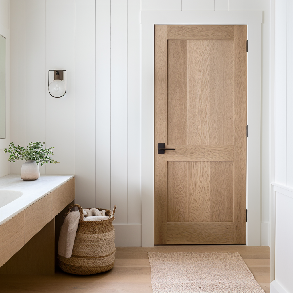 A two-panel interior real wood white oak bespoke handcrafted fully customizable custom door. Pictured in a white modern farmhouse bathroom door