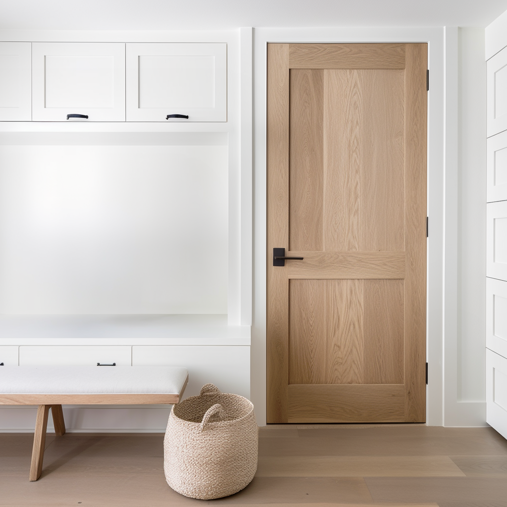 A two-panel interior real wood white oak bespoke handcrafted fully customizable custom door. Pictured in a white modern farmhouse mudroom closet door