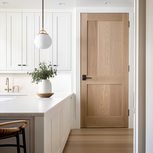 A two-panel interior real wood white oak bespoke handcrafted fully customizable custom door. Pictured in a white modern farmhouse kitchen door