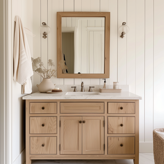 solid raw white oak fully hardwood custom customizable bespoke single bathroom vanity, shiplap, wood framed mirror, clean white bathroom 