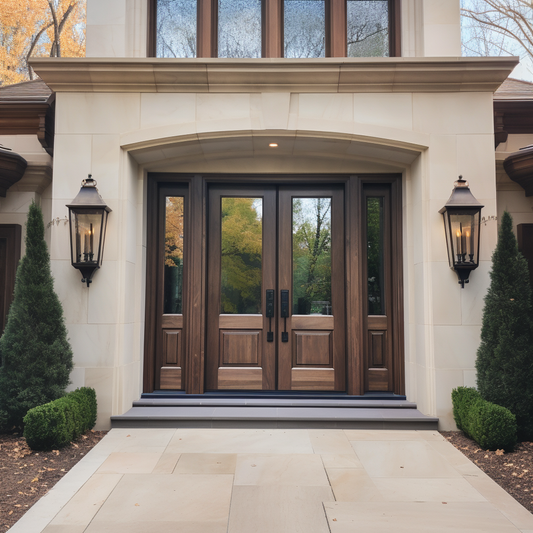 A bespoke walnut and 1/2 glass door with sidelights. Handcrafted in the USA and fully customizable. Displayed on a classic golf course stone home.