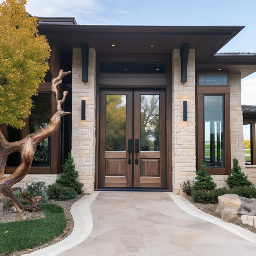 A bespoke walnut and 1/2 glass door. Handcrafted in the USA and fully customizable. Displayed on a classic golf course stone home.