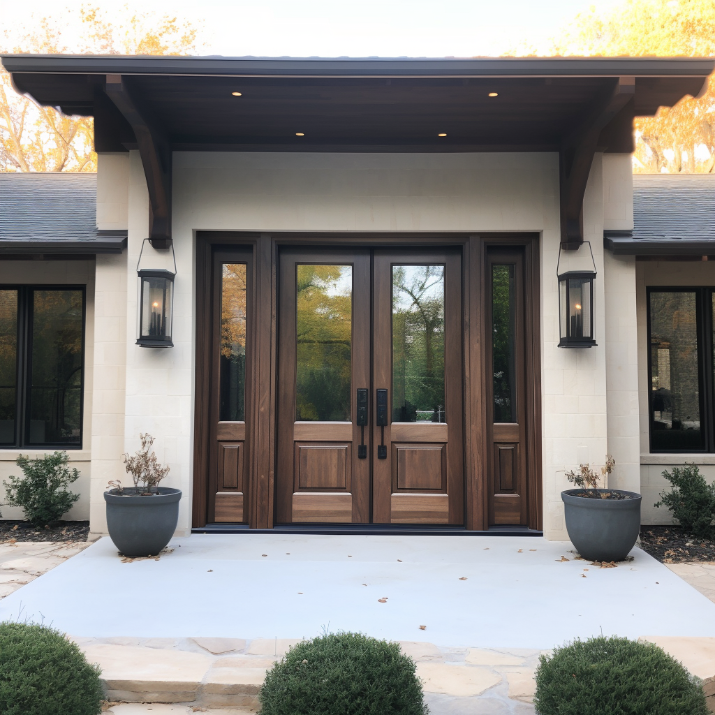 A bespoke walnut and 1/2 glass door with sidelights. Handcrafted in the USA and fully customizable. Displayed on a white modern farmhouse with black trimmed windows.