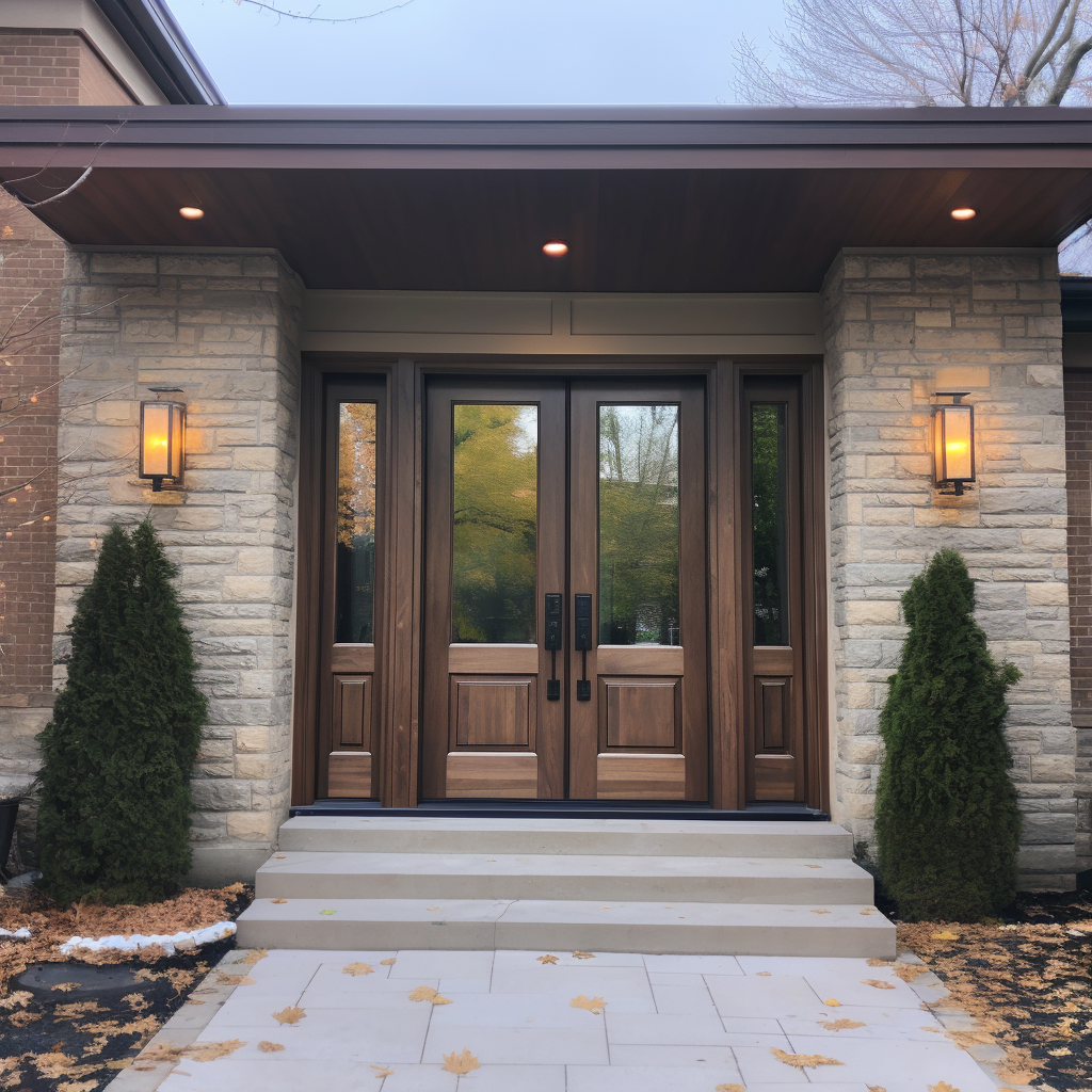 A bespoke walnut and 1/2 glass door with sidelights. Handcrafted in the USA and fully customizable. Displayed on a modern stone and brick home with dark overhang and evergreens.