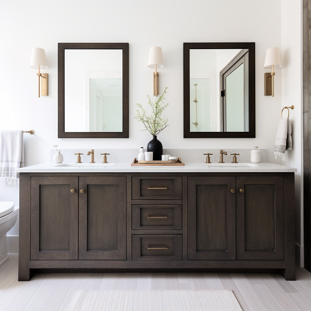dark brown mocha kona double red oak custom customizable bespoke handcrafted vanity. doors and drawers in middle. fully customizable, American made
