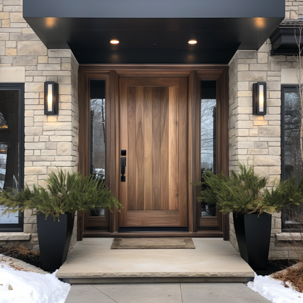 modern hardwood handcrafted walnut front door designs for contemporary entry doors, in the style of photo taken with provia, nature-inspired pieces, atmospheric and moody lighting, botanical abundance, streetscape, polished craftsmanship, sidelights, sidelites, made in american, craftsman