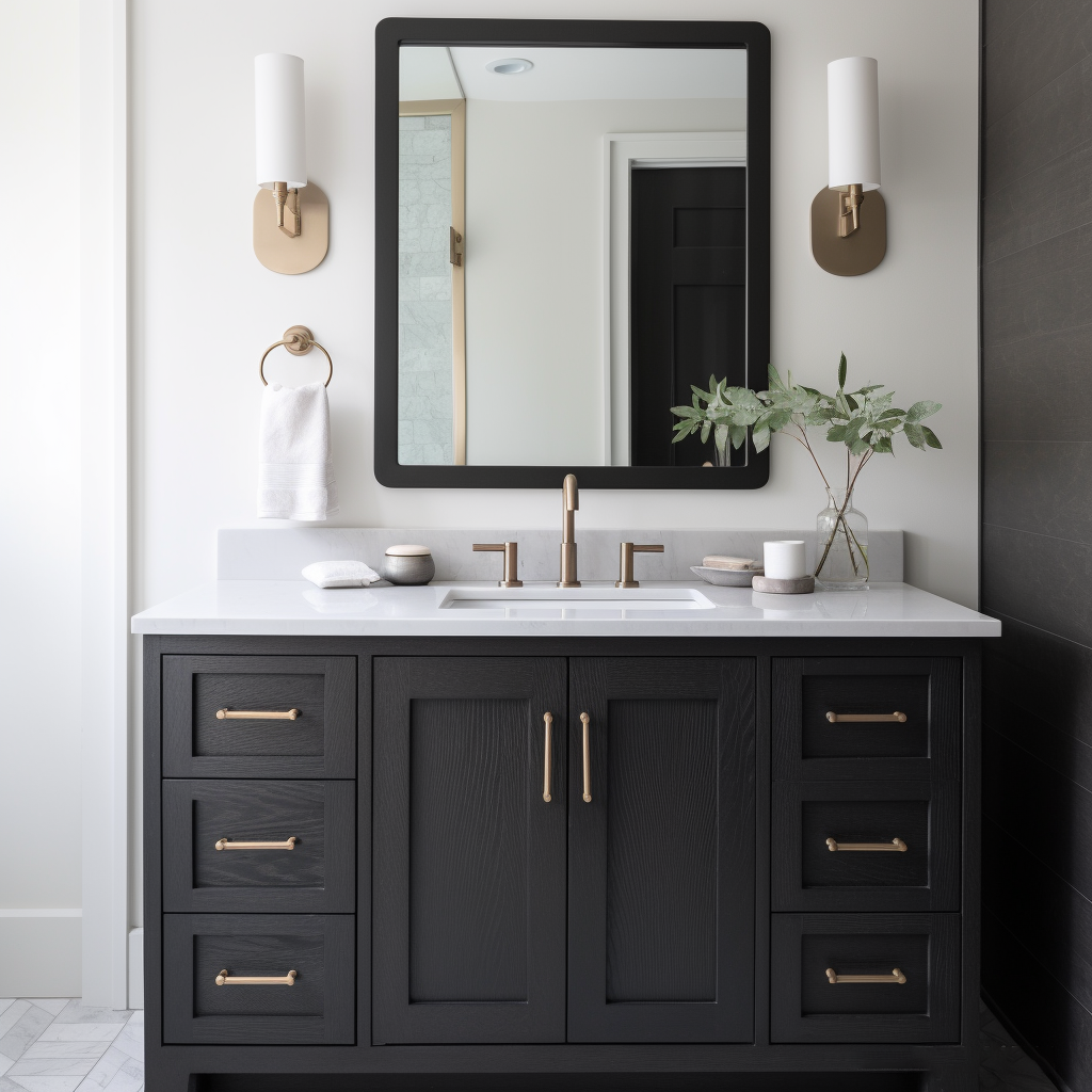 black oak vanity with brass accents, modern clean line bathroom, fully customizable and custom build to order in the USA american made bespoke unique