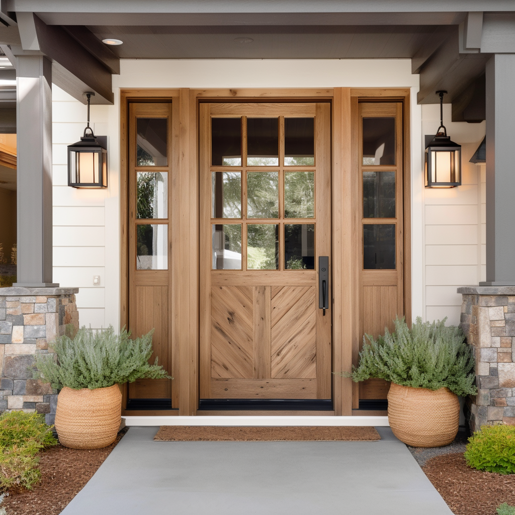 Custom White Oak Handcrafted Front Door, Made in America, Sidelights, Sidelite, craftsman home, grey beams and coluimns, stone accents