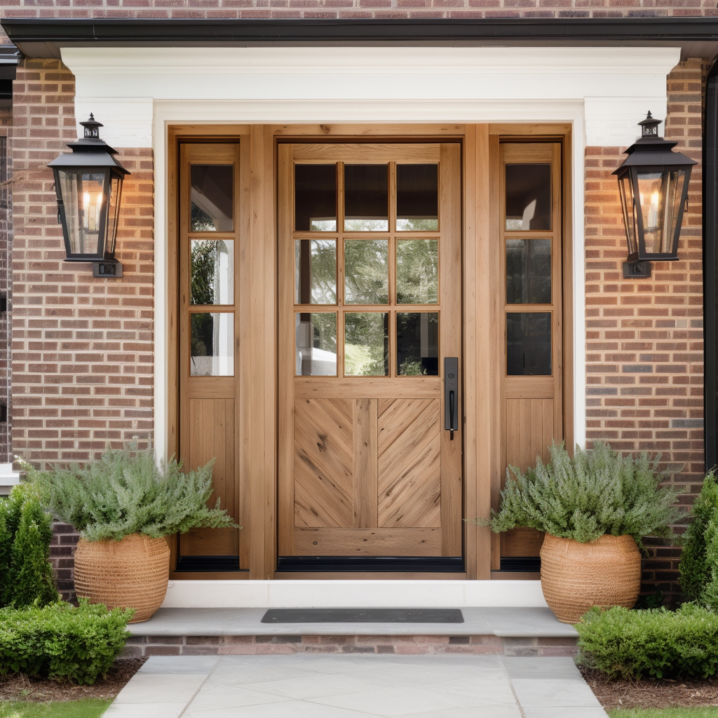 Custom White Oak Handcrafted Front Door, Made in America, Sidelights, Sidelite, red traditional brick, colonial, americana