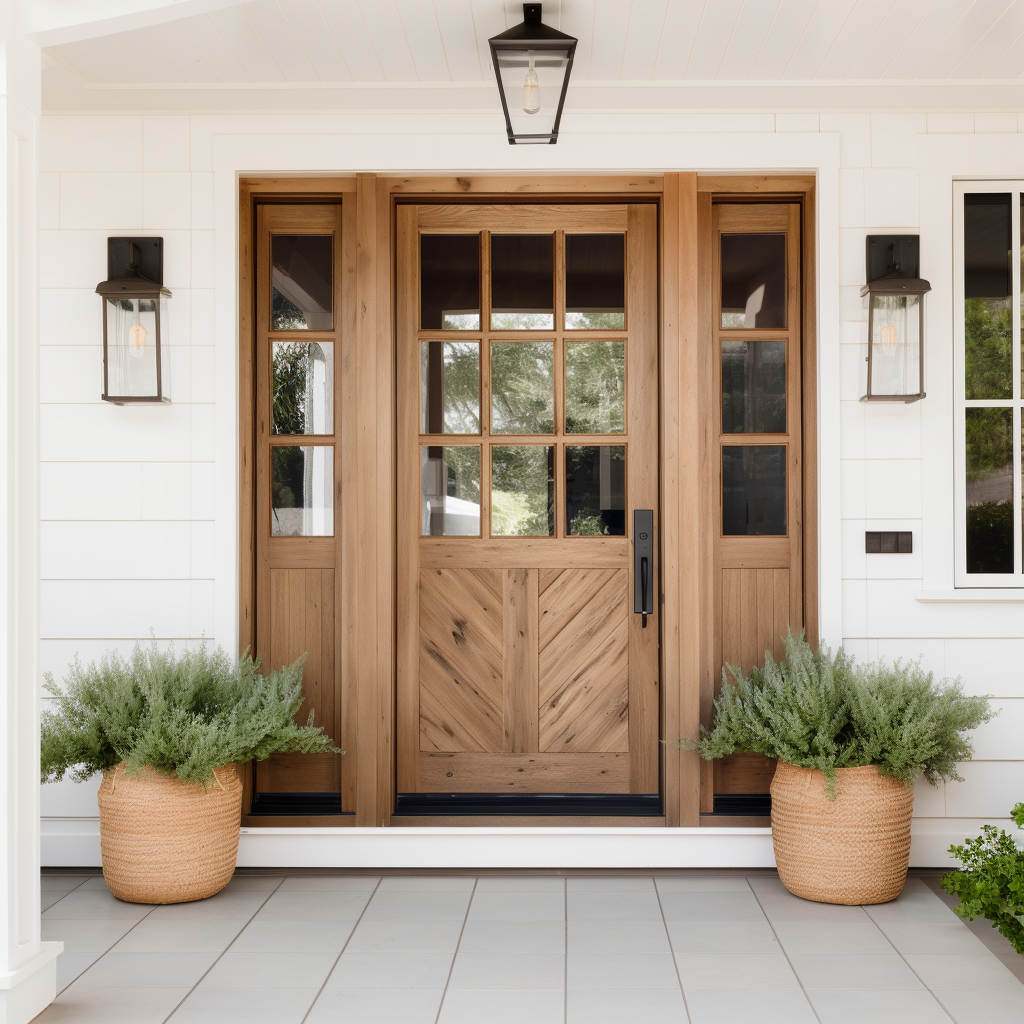 Custom White Oak Handcrafted Front Door, Made in America, Sidelights, Sidelite, white horizontal siding, 