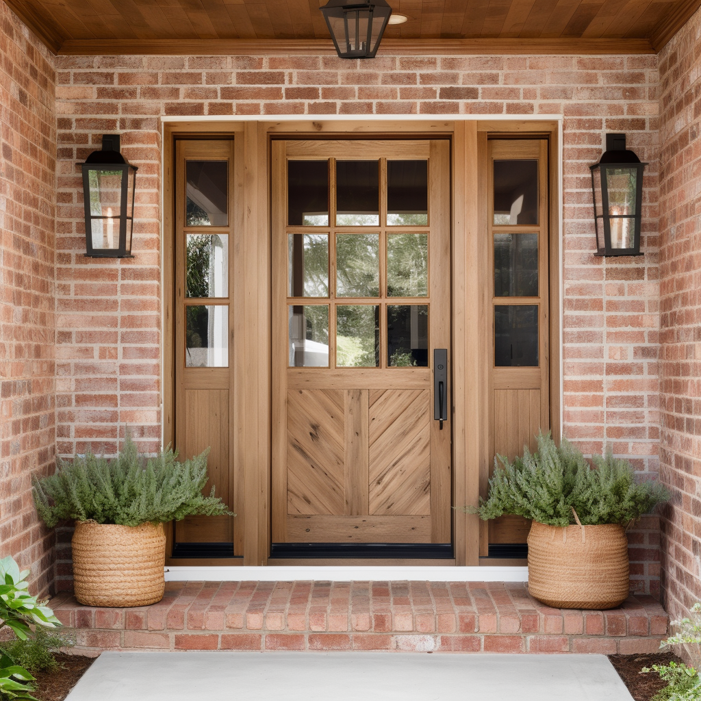 Custom White Oak Handcrafted Front Door, Made in America, Sidelights, Sidelite, red traditional brick house with wood ceiling porch overhang, americana