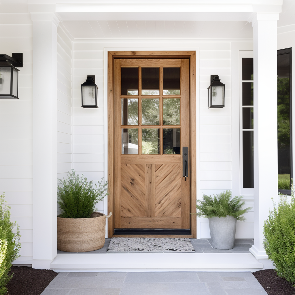 Custom White Oak Handcrafted Front Door, Made in America, white siding, modern pavers, clean lines