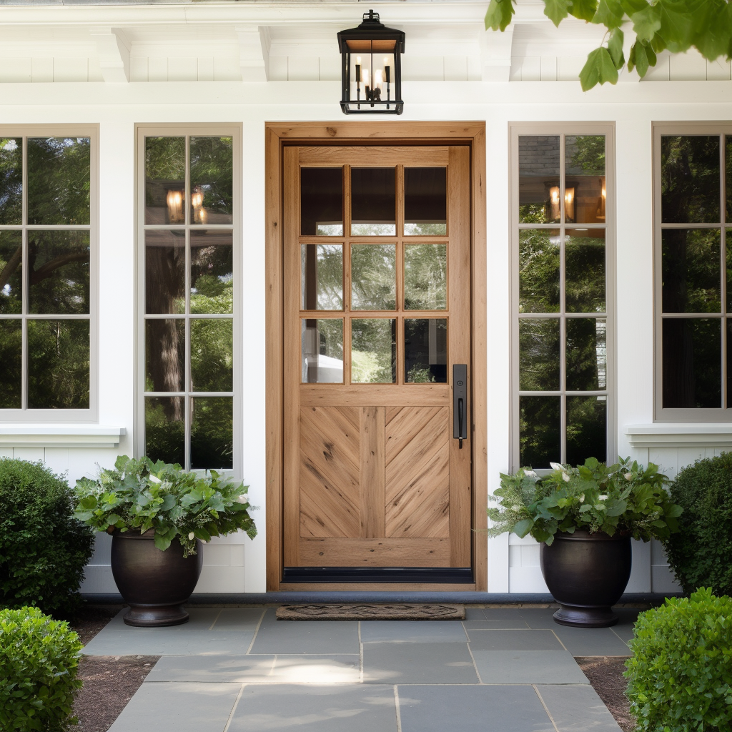 Custom White Oak Handcrafted Front Door, Made in America, Sidelights, Sidelite, greenery, classic, cottagepunk, craftsman