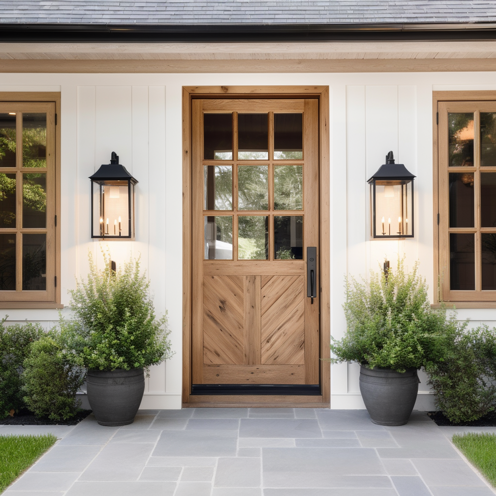 Custom White Oak Handcrafted Front Door, Made in America, modern cottage vibes, white exterior house, wood windows, modern pavers