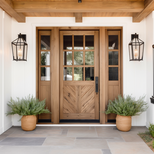 Custom White Oak Handcrafted Front Door, Made in America, Sidelights, Sidelite, white house with wood overhang porch, modern lights