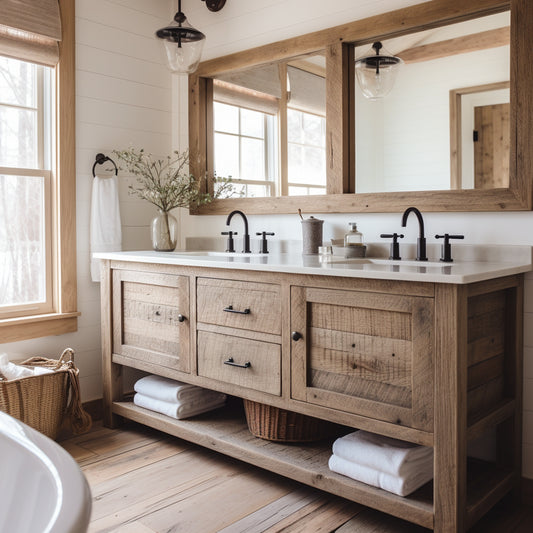 double reclaimed wood hardwood vanity handcrafted and fully custom and customizable american made bench built bespoke. two drawers and a lower shelf. rustic farmhouse bathroom