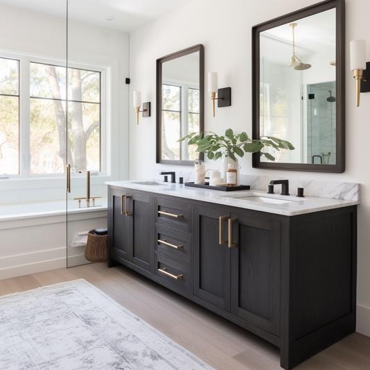 double vanity full custom customizable solid hardwood made in america black stain with gold or brass handles and pulls. Clean white modern bathroom.