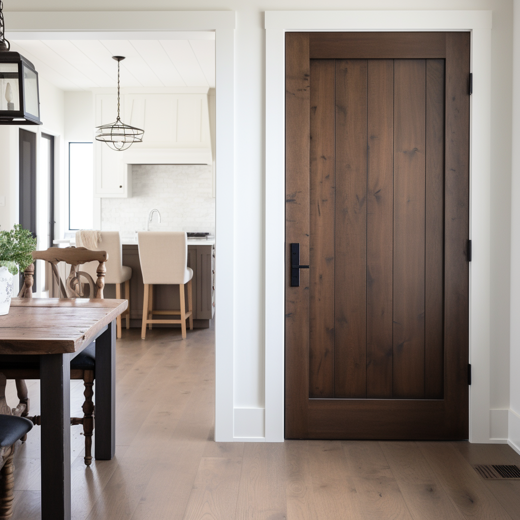 A single panel interior alder door, fully customizable, stained dark brown tobacco cigar color. Handcrafted and bespoke. Pictured in a modern farmhouse closet door