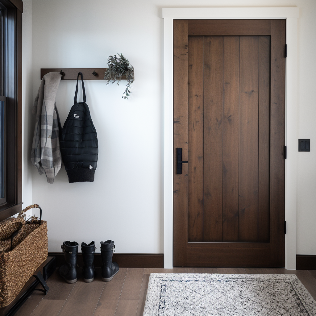 A single panel interior alder door, fully customizable, stained dark brown tobacco cigar color. Handcrafted and bespoke. Pictured in a modern farmhouse mudroom door