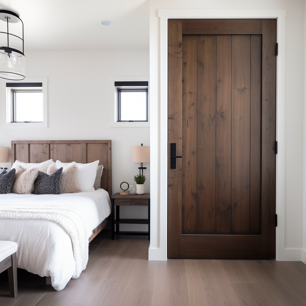 A single panel interior alder door, fully customizable, stained dark brown tobacco cigar color. Handcrafted and bespoke. Pictured in a modern farmhouse bedroom door