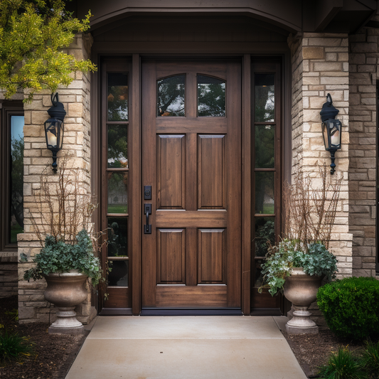 Oak and glass handcrafted custom solid wood front door exterior. 1/4 light lite. Pictured with sidelights on a washed stone home.
