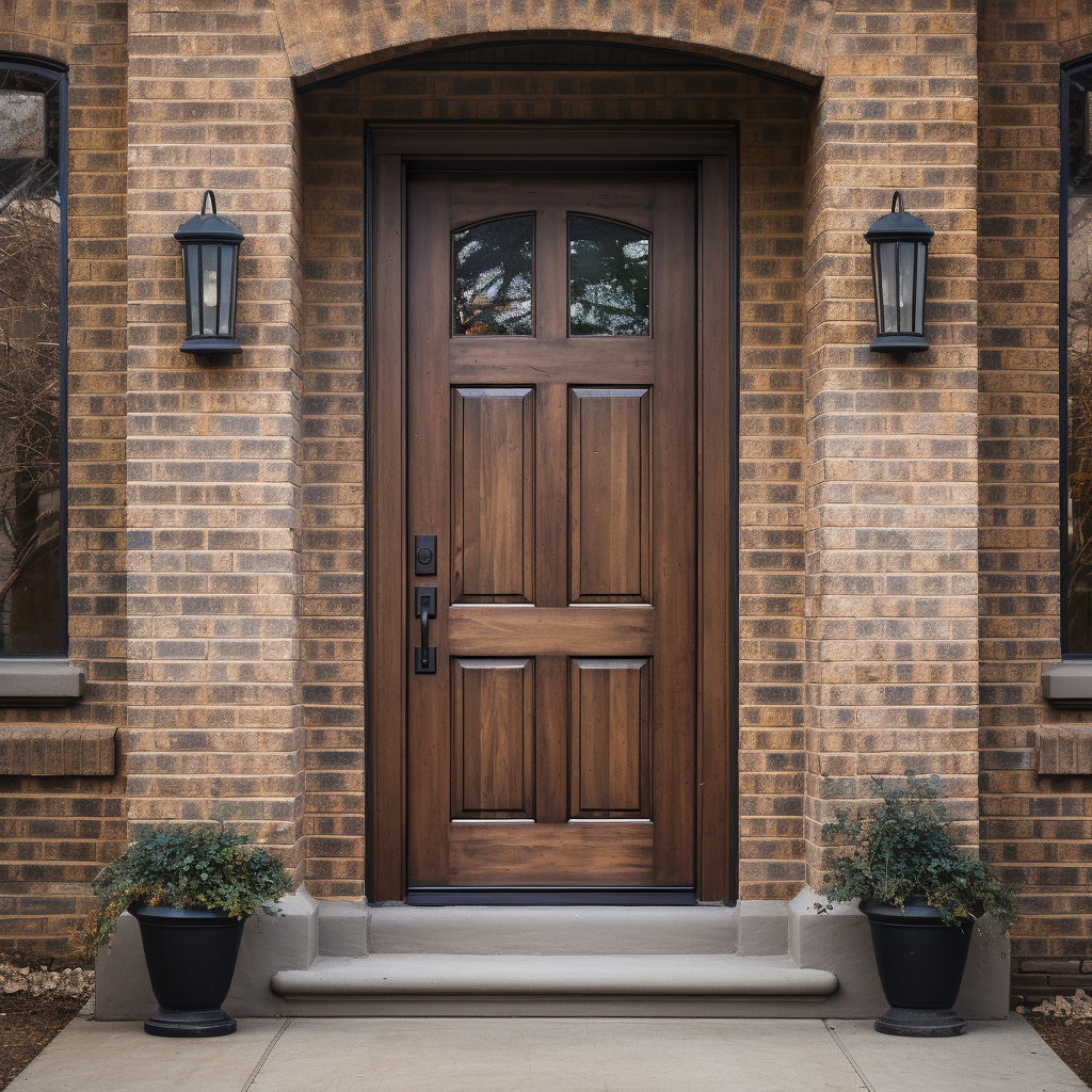 Oak and glass handcrafted custom solid wood front door exterior. 1/4 light lite. Pictured on a traditional brick home.