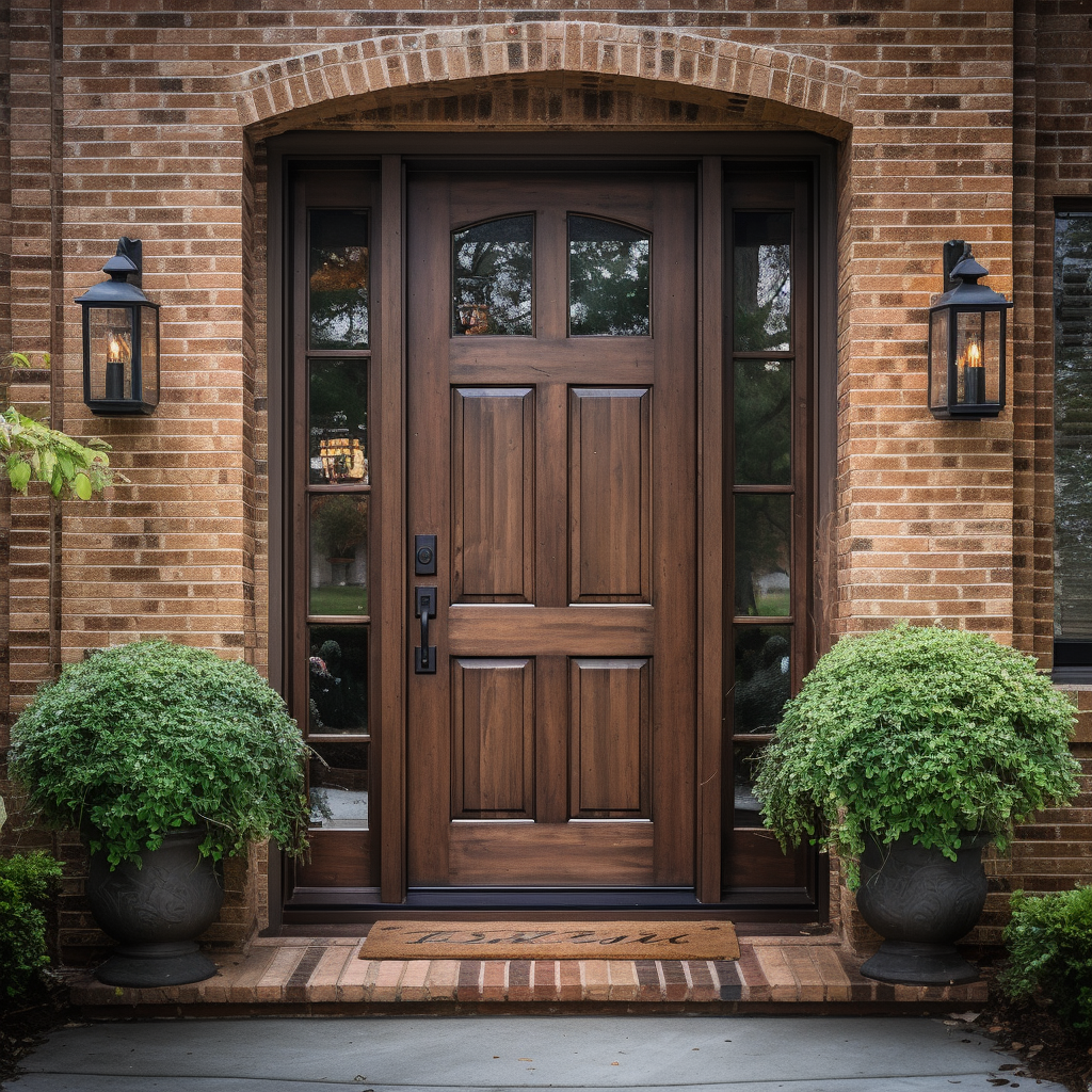 Oak and glass handcrafted custom solid wood front door exterior. 1/4 light lite. Pictured with sidelights on a traditional brick home