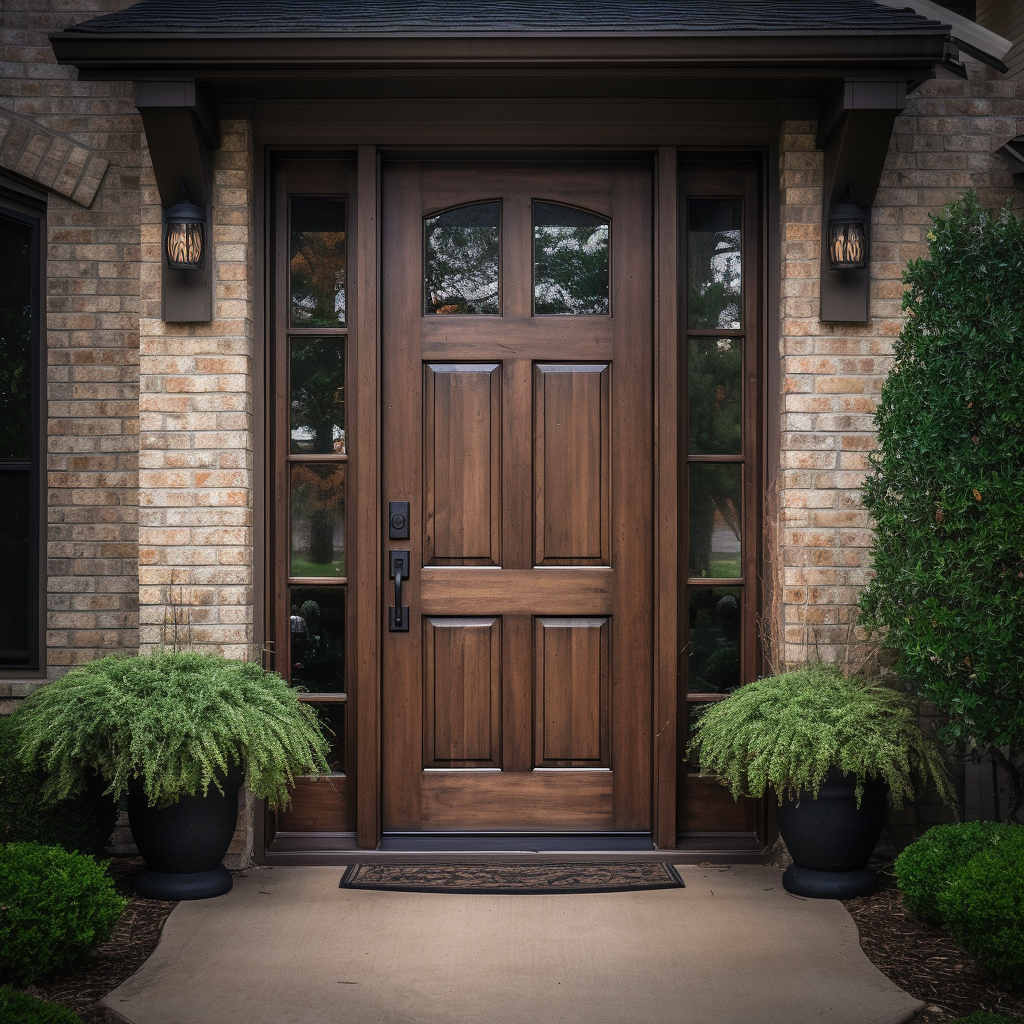 Oak and glass handcrafted custom solid wood front door exterior. 1/4 light lite. Pictured with sidelights on a brick home.