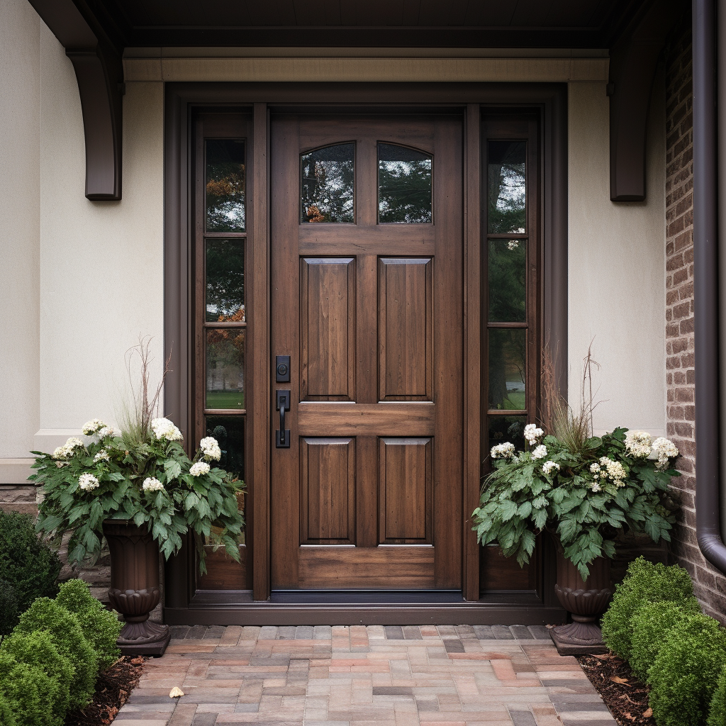 Oak and glass handcrafted custom solid wood front door exterior. 1/4 light lite. Pictured with sidelights on a white stucco home.