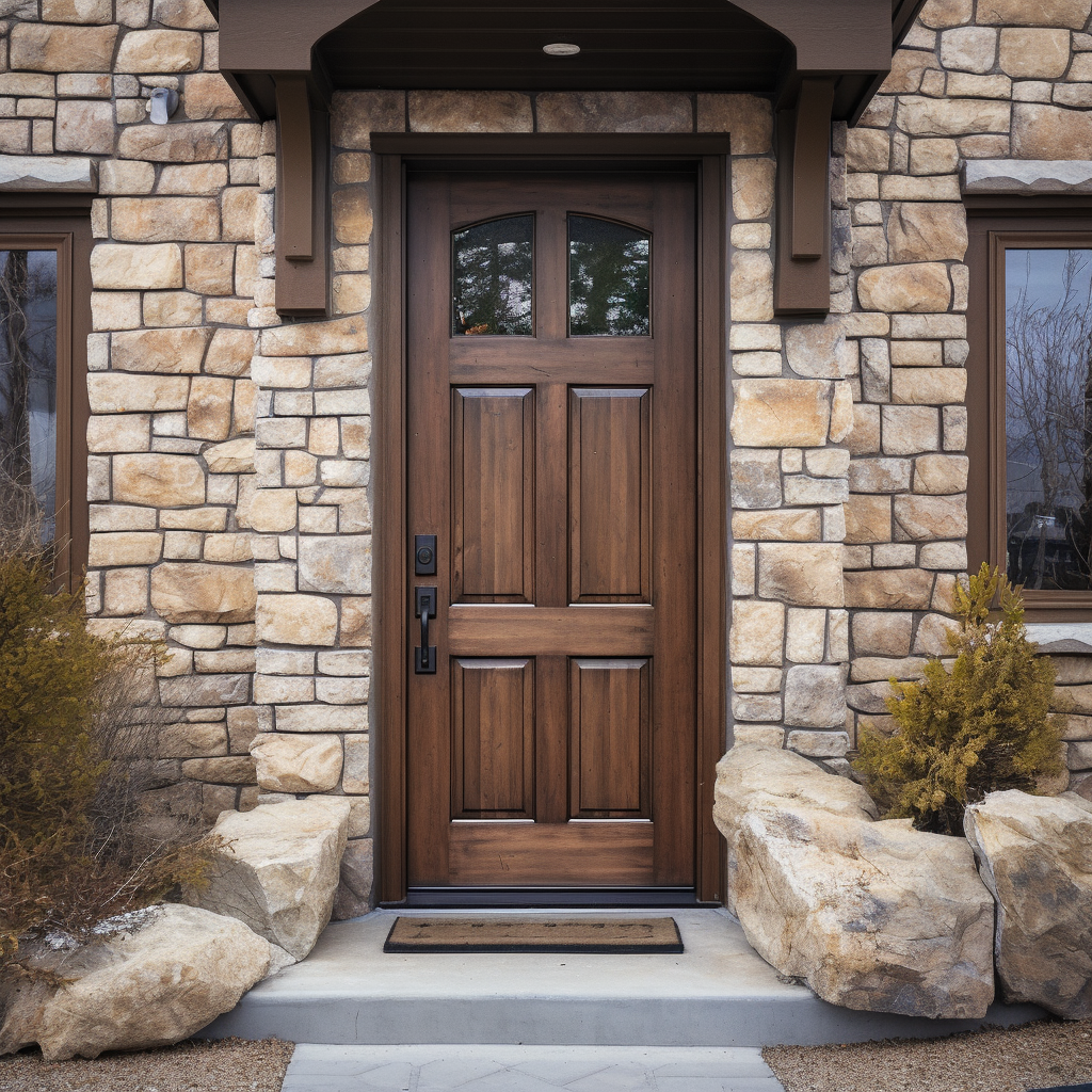 Oak and glass handcrafted custom solid wood front door exterior. 1/4 light lite. Pictured with sidelights on a stone home.