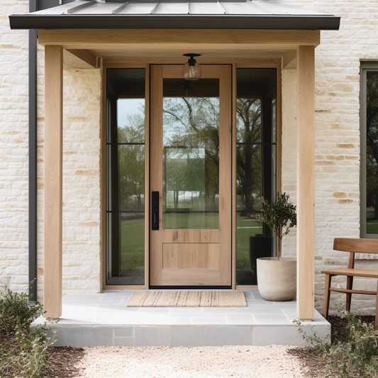Modern 3/4 Glass and Oak Door with Full Glass Sidelights, white washed brick home, metal roof
