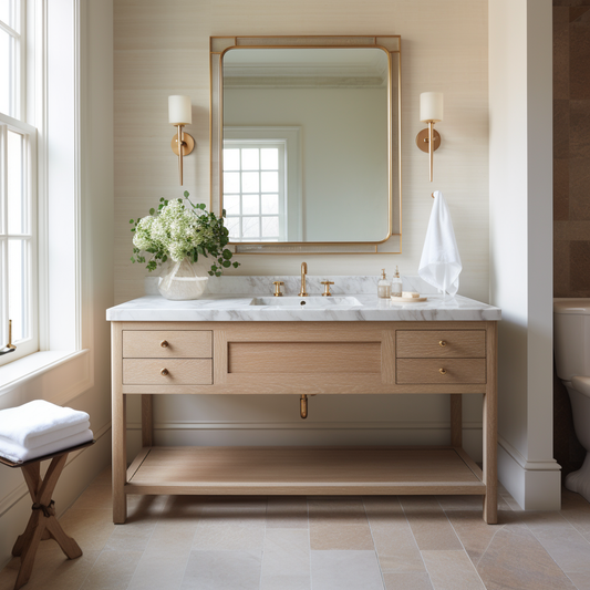 White oak custom made handcrafted single vanity. Gold or bass fixtures and mirror. feminine bathroom. Open botton shelf. Drawers