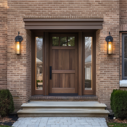 A 1/4 3 light, two wood panel solid walnut door with sidelights. Custom built to order in the USA, made in America. Customizable. On a classic red brick home