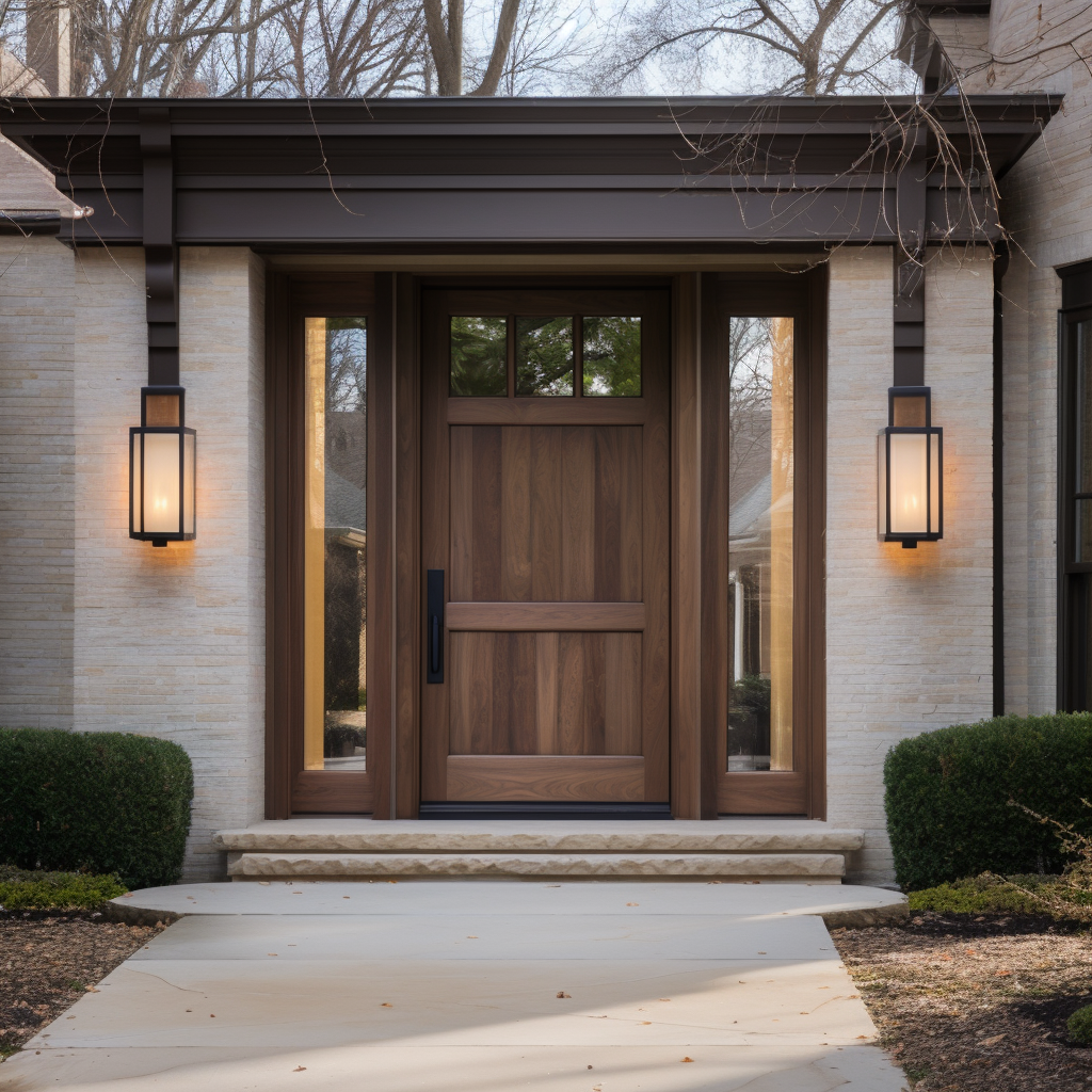 A 1/4 3 light, two wood panel solid walnut door with sidelights. Custom built to order in the USA, made in America. Customizable. On a white washing limestone home with dark trim and fascia on a country club.