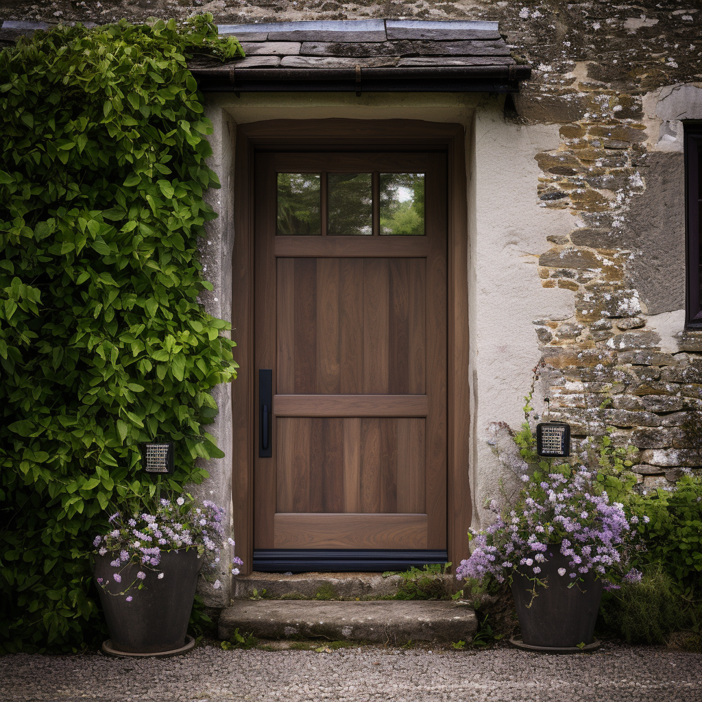 A 1/4 3 light, two wood panel solid walnut single exterior front door. Custom built to order in the USA, made in America. Customizable. On a farmhouse style distressed stone cottage with greenery growing up the house.